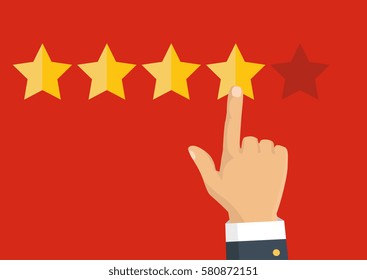 Customer review concept. Vector. Rating golden stars. Feedback, reputation and quality concept. Hand pointing, finger pointing to five star rating. 