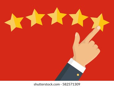 Customer review concept. Vector. Rating golden stars. Feedback, reputation and quality concept. Hand pointing, finger pointing to five star rating. 