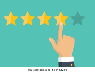 Customer review concept. Vector. Rating golden stars. Feedback, reputation and quality concept. Hand pointing, finger pointing to five star rating. 