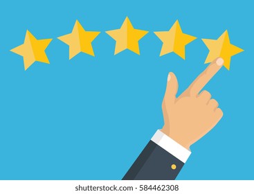 Customer review concept. Vector. Rating golden stars. Feedback, reputation and quality concept. Hand pointing, finger pointing to five star rating. 