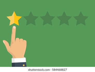 Customer review concept. Vector. Rating golden stars. Feedback, reputation and quality concept. Hand pointing, finger pointing to five star rating. 