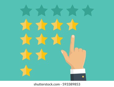 Customer review concept. Vector. Rating golden stars. Feedback, reputation and quality concept. Hand pointing, finger pointing to five star rating. 