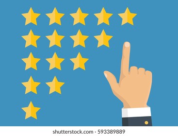 Customer review concept. Vector. Rating golden stars. Feedback, reputation and quality concept. Hand pointing, finger pointing to five star rating. 