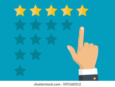Customer review concept. Vector. Rating golden stars. Feedback, reputation and quality concept. Hand pointing, finger pointing to five star rating. 