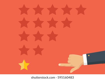 Customer review concept. Vector. Rating golden stars. Feedback, reputation and quality concept. Hand pointing, finger pointing to five star rating. 