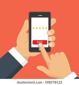 Customer review concept. Vector. Rating golden stars. Feedback, reputation and quality concept. Hand pointing, finger pointing to five star rating. 