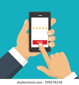 Customer review concept. Vector. Rating golden stars. Feedback, reputation and quality concept. Hand pointing, finger pointing to five star rating. 