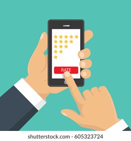 Customer review concept. Vector. Rating golden stars. Feedback, reputation and quality concept. Hand pointing, finger pointing to five star rating. 