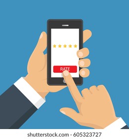 Customer review concept. Vector. Rating golden stars. Feedback, reputation and quality concept. Hand pointing, finger pointing to five star rating. 