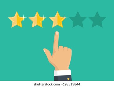 Customer review concept. Vector. Rating golden stars. Feedback, reputation and quality concept. Hand pointing, finger pointing to five star rating. 