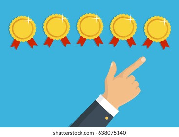 Customer review concept. Vector. Rating golden rewards. Feedback, reputation and quality concept. Hand pointing, finger pointing to five rewards rating. 