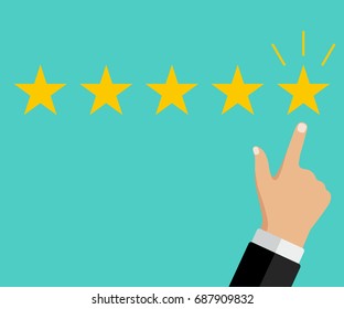 Customer review concept. Vector. Rating golden stars. Feedback, reputation and quality concept. Hand pointing, finger pointing to five star rating.
