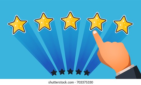 Customer review concept. Vector. Rating golden stars. Feedback, reputation and quality concept. Hand pointing, finger pointing to five star rating.