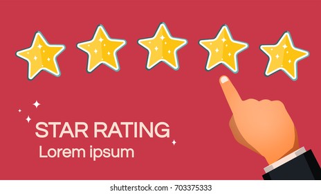 Customer review concept. Vector. Rating golden stars. Feedback, reputation and quality concept. Hand pointing, finger pointing to five star rating.