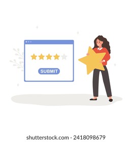 Customer review concept. Woman holding star and giving five stars rating. Dialog window in application with feedback. Positive response. Vector illustration in flat cartoon style.