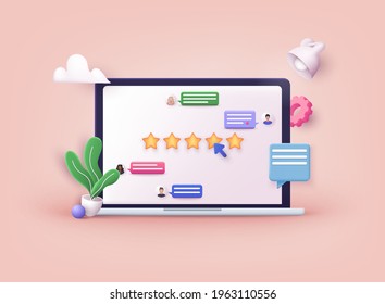 Customer review concepts. hand Showing on five star excellent rating. Reviews stars with good and bad rate and text. 3D Web Vector Illustrations.