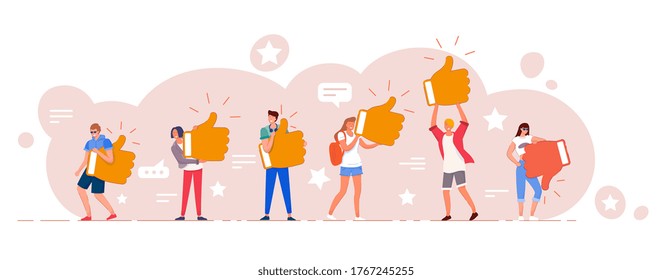 Customer review. Different people giving online review rating and positive or negative feedback Customer character holding thumbs-up and thumbs-down sign set. Survey and support vector illustration