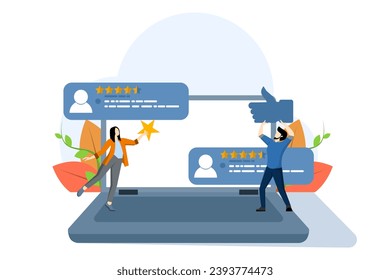 customer review evaluation concept, App rating concept, Client rating, customer feedback and reviews, Users leaving likes and stars, customer satisfaction, Business Success. flat vector illustration.