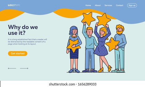 Customer review evaluation flat vector illustration. Quality rating with stars. Consumer feedback and satisfaction concept. People holding stars over heads.