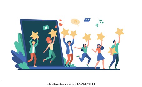 Customer review evaluation flat vector illustration. Clients holding stars over their heads and getting comments and feedback. Quality assessment and rating concept