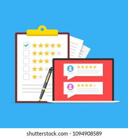 Customer review, customer feedback. Clipboard with rating stars, survey and checkmark, pen and laptop with testimonials on screen. Flat design. Vector illustration