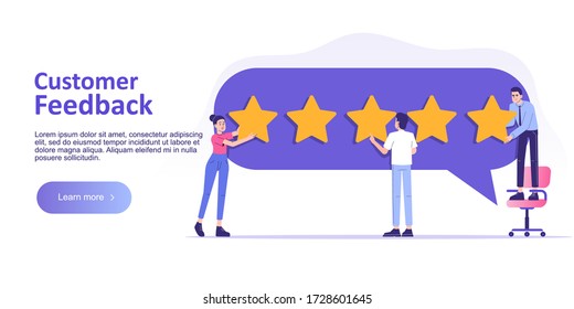 Customer review or feedback concept. People giving five star feedback and choosing satisfaction rating. Rating on customer service and user experience. Landing page template. Vector web illustration