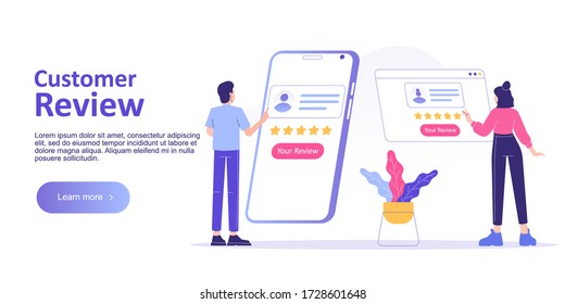 Customer review or feedback concept. People giving feedback and choosing satisfaction rating on smartphone app. Customer service and user experience. Landing page template. Vector web illustration