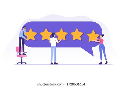 Customer review or feedback concept. People giving five star feedback and choosing satisfaction rating. Rating on customer service and user experience. Isolated vector illustration