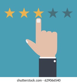 Customer review and feedback concept. Rating system, quality of service. Flat design illustration with hand points finger to a five star. Vector.