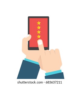 Customer review or feedback concept. Rating system on smart phone. Vector illustration, flat style.