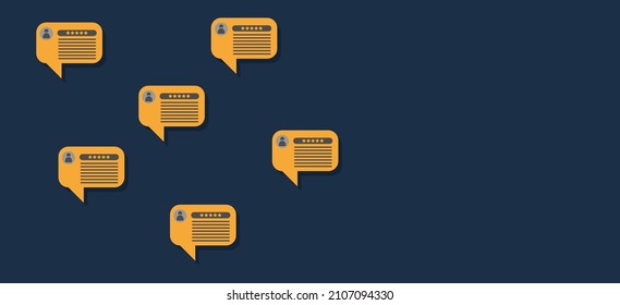 Revisión del cliente y concepto de retroalimentación. Burbuja del discurso amarillo con una calificación de cinco estrellas en un fondo verde oscuro. Una revisión positiva, satisfacción, servicio de calidad de encuesta.