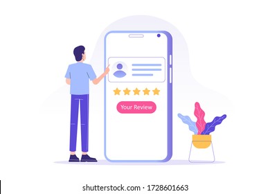 Customer review or feedback concept. Young man giving five star feedback and choosing satisfaction rating on smartphone app. Rating on customer service and user experience. Vector illustration