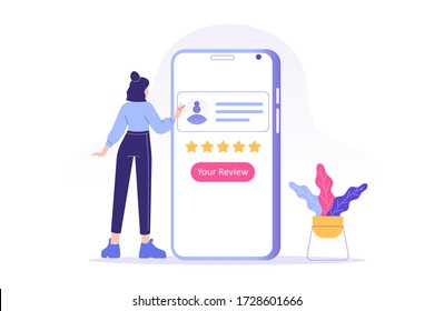 Customer review or feedback concept. Young woman giving five star feedback and choosing satisfaction rating on smartphone app. Rating on customer service and user experience. Vector illustration