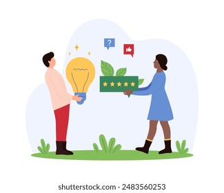 Customer review, feedback and creative idea in blogger content, online communication with likes and comments. Tiny people holding light bulb and speech bubble with stars cartoon vector illustration