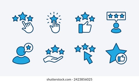 Customer review and feedback icon set. Containing rating, satisfaction, star, best or high service, quality, positive, thumb up, and survey icon for apps and websites. Vector illustration