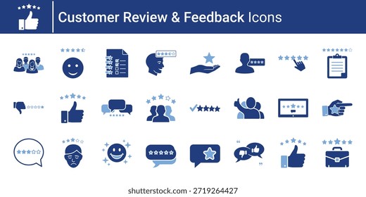 Conjunto de iconos de reseñas y Comentarios de Clientes con calificaciones de estrellas, testimonios y símbolos de satisfacción