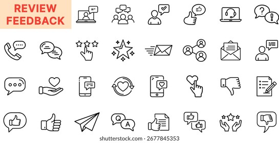 Customer Review and Feedback Line Icon Set with Rating Stars, Thumbs Up, Thumbs Down, Chat Bubbles, Communication, Envelope, Support, and Evaluation Elements for Business Design