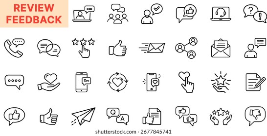 Customer Review and Feedback Line Icon Set with Rating Stars, Thumbs Up, Thumbs Down, Chat Bubbles, Communication, Email, Support, Testimonial, and Evaluation Elements for Business Design