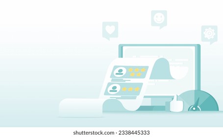 Customer review and feedback online. Level of customer satisfaction with the product or service. Reply by comment, star rating from customer. Positive and negative experience on feedback.