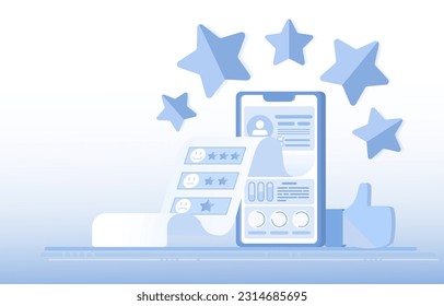 Revisión del cliente y comentarios en línea. Responder por comentarios, clasificación de estrellas, icono emocional del cliente. Experiencia positiva y negativa en retroalimentación. Ilustración de diseño de vector plano con espacio de copia.
