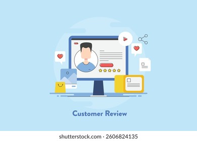 Customer review, Customer feedback published on website, Customer rating products online, Brand marketing concept - vector illustration with icons
