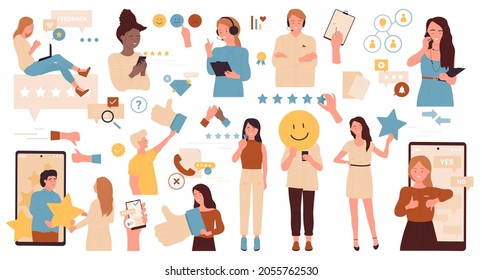 Customer review feedback service set vector illustration. Cartoon man woman client characters rate quality of products or experience online, ranking stars in mobile phone app isolated on white