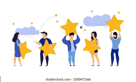 Customer review five star choice vector illustration satisfaction man and woman. Concept business success feedback good quality service. Best rate background experience vote client banner. Award like