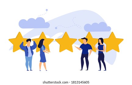 Customer review five star choice vector illustration satisfaction man and woman. Concept business success feedback good quality service. Best rate background experience vote client banner. Award like