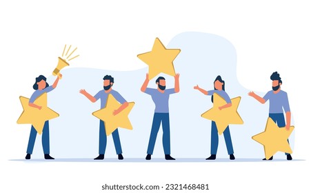 Customer review five star choice vector illustration satisfaction man and woman. Concept business success feedback good quality service. Best rate background experience vote client banner. Award like