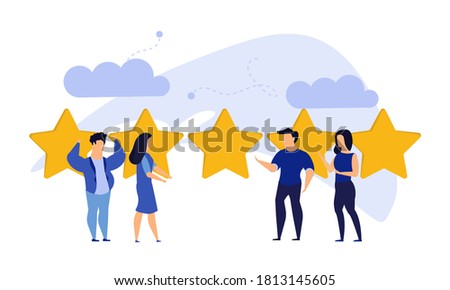Customer review five star choice vector illustration satisfaction man and woman. Concept business success feedback good quality service. Best rate background experience vote client banner. Award like
