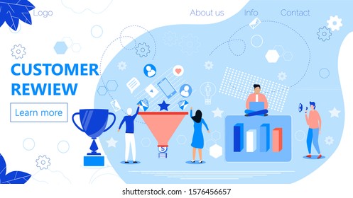 Customer review flat concept for landing page, web banner. Feedback and rating stars, e-mails are falling into funnel. Cup award for active followers. web banner.