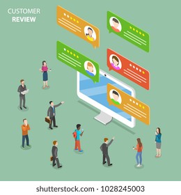 Avaliação do cliente conceito de vetor isométrico plano. Bolhas de fala com comentários dos clientes estão saindo do monitor do PC. As pessoas ao seu redor estão discutindo.