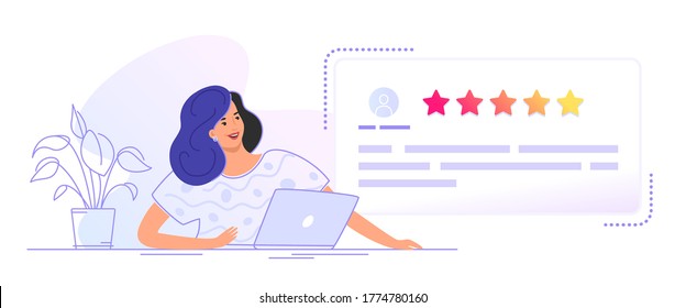 Customer review form to leave comment and rate a service or goods. Flat smiling woman sitting with laptop and looking at user testimonials fulfilled form. Customer feedback and rating 5 stars on white