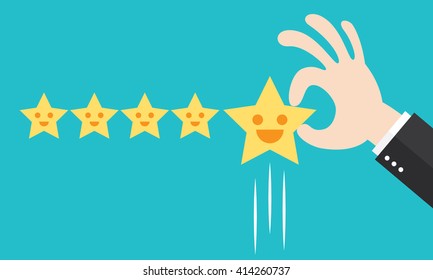 Customer review give a five star. Positive feedback concept. Vector illustration. Minimal and flat design
